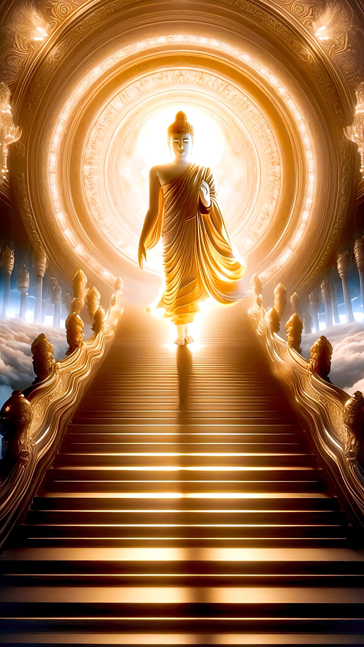 Buddha descending golden staircase enlightenment