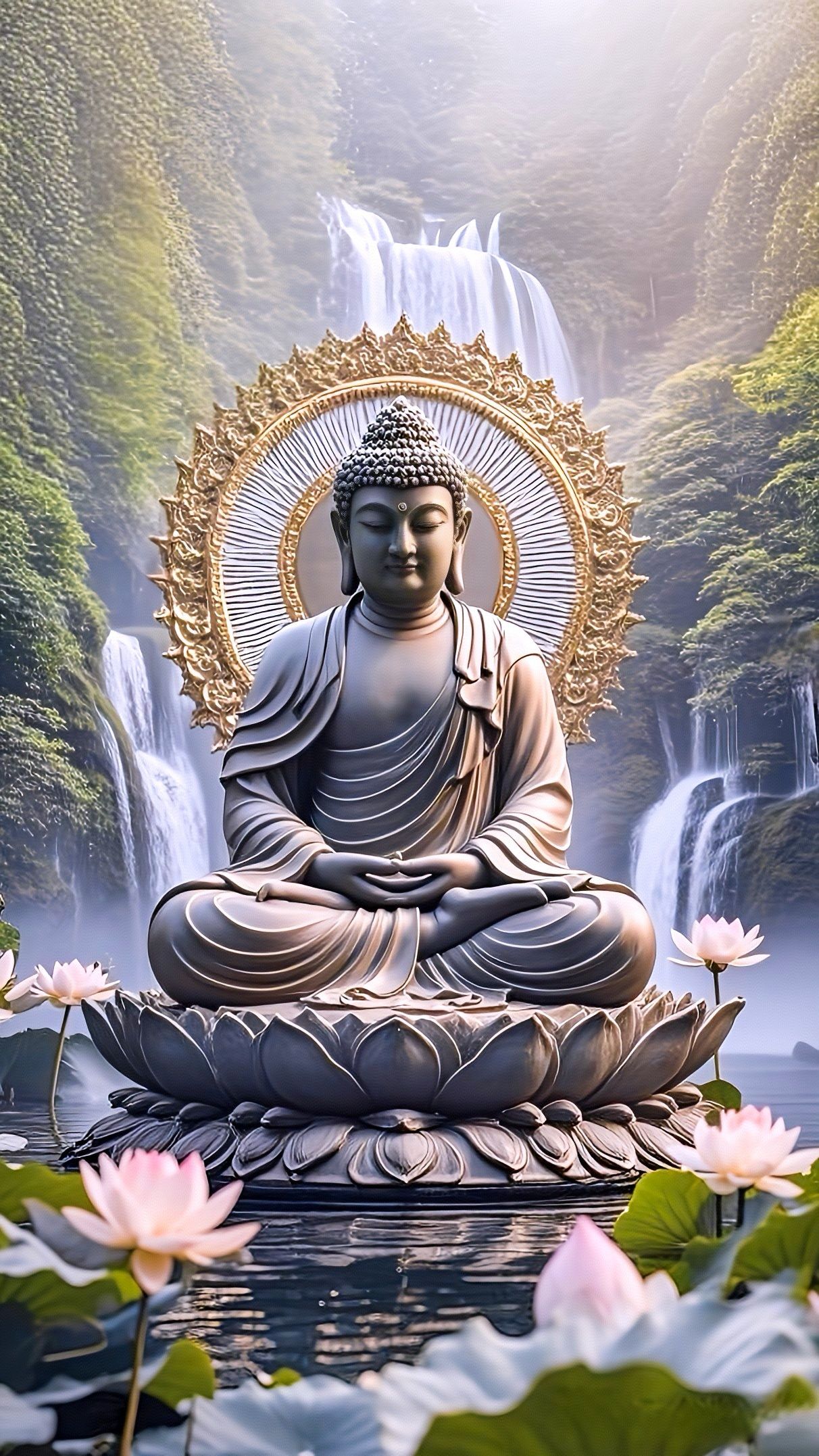 Buddha meditating amidst waterfall and lotus