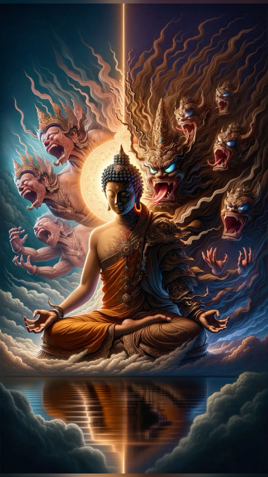 Buddha meditating amidst demonic guardians