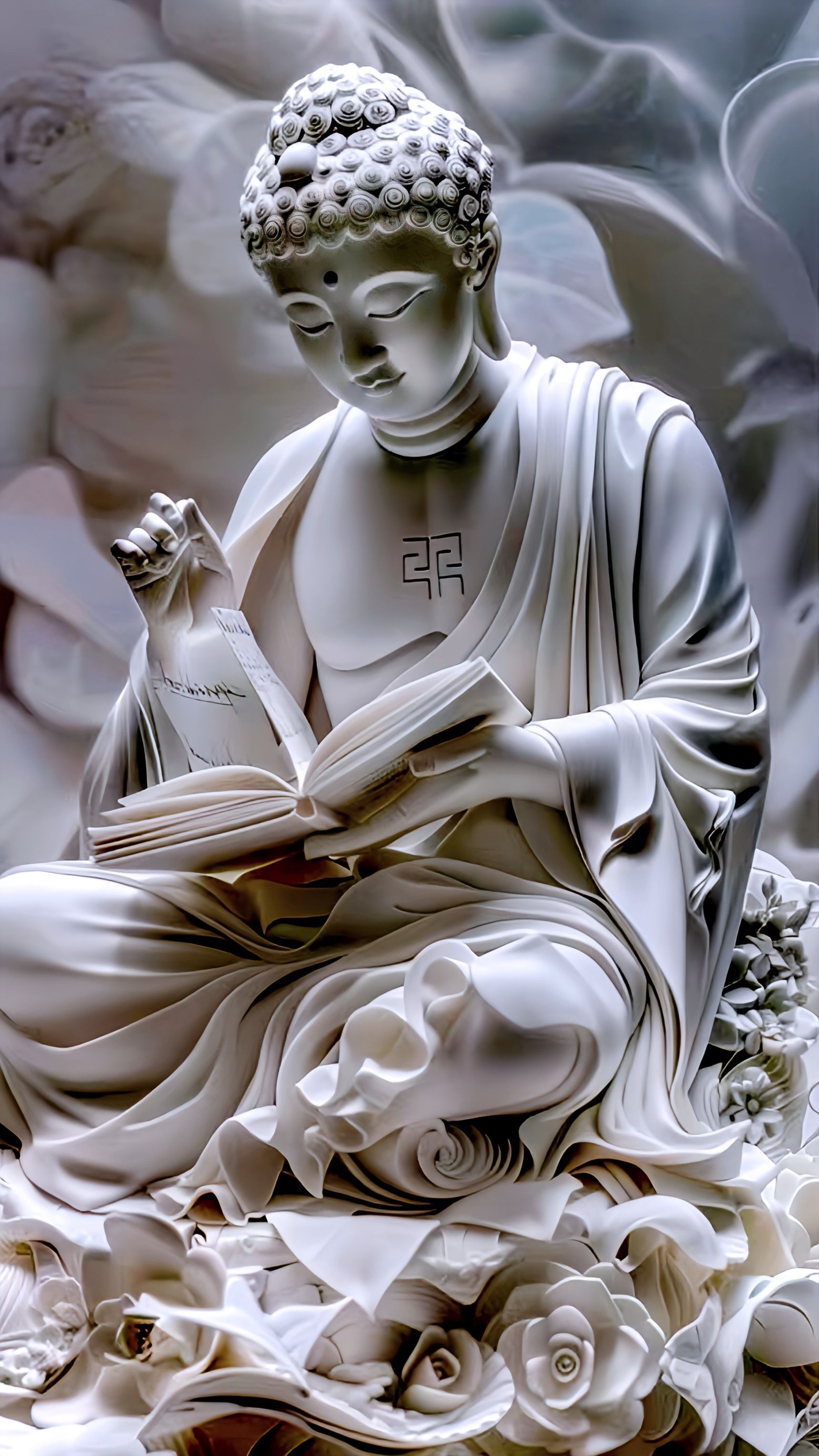 Buddha with lotus flowers reading scriptures