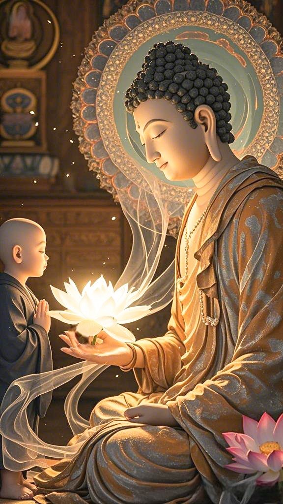 Buddha with lotus and young monk