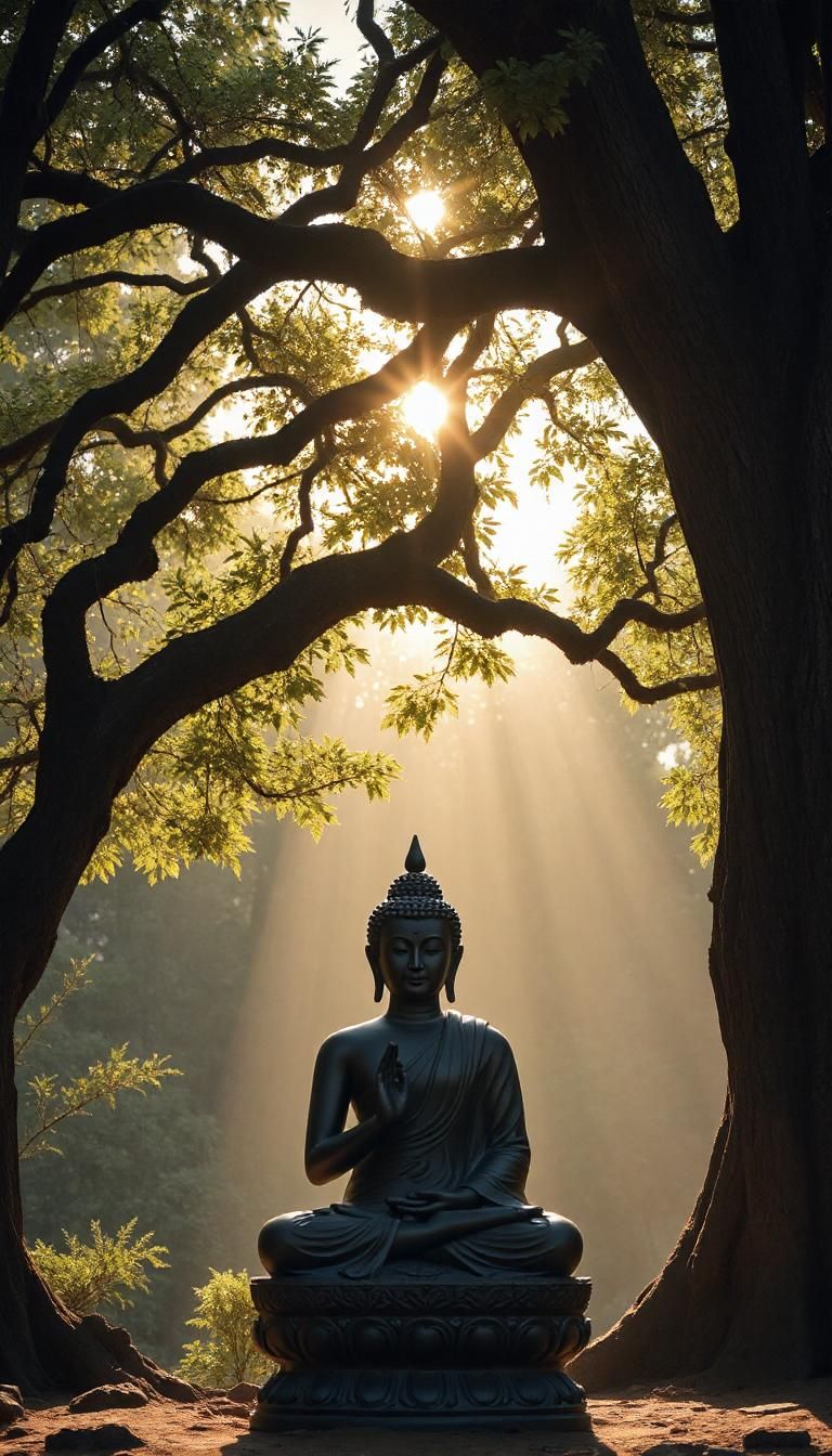 Buddha meditating under Bodhi tree