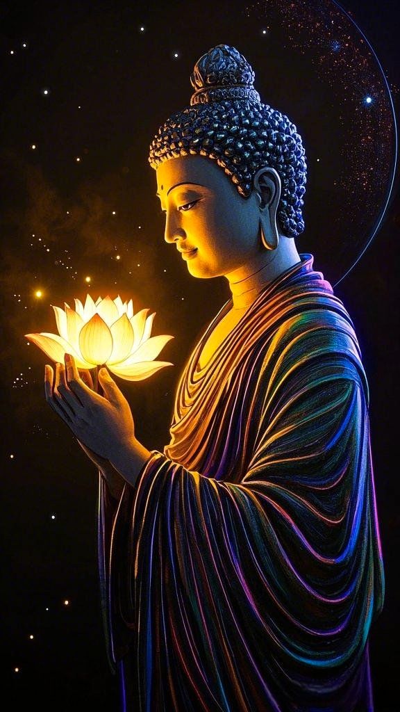 Buddha holding a glowing lotus flower