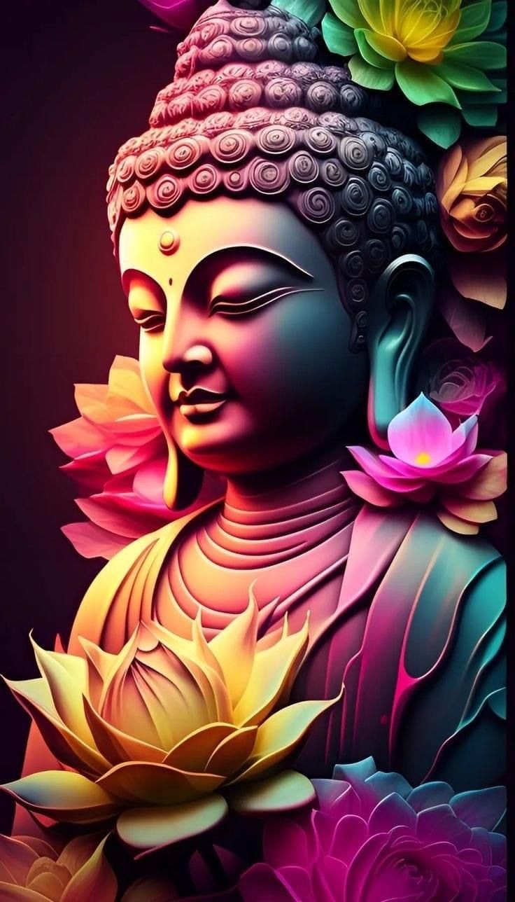 Colorful Buddha portrait with lotus flowers