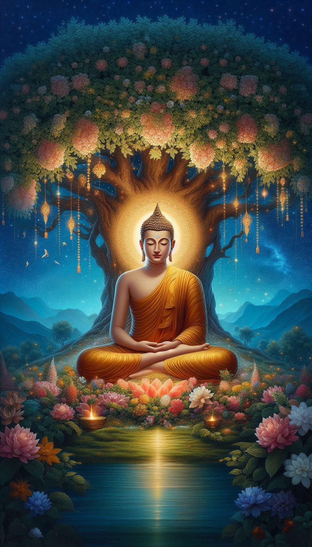 Buddha meditating under Bodhi tree
