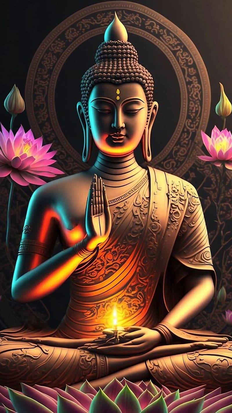 Buddha in meditative pose with lotus flowers