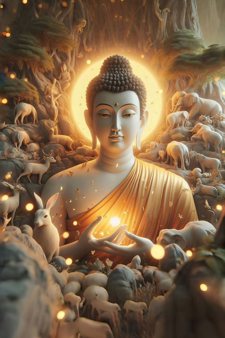 Buddha meditating in a peaceful forest