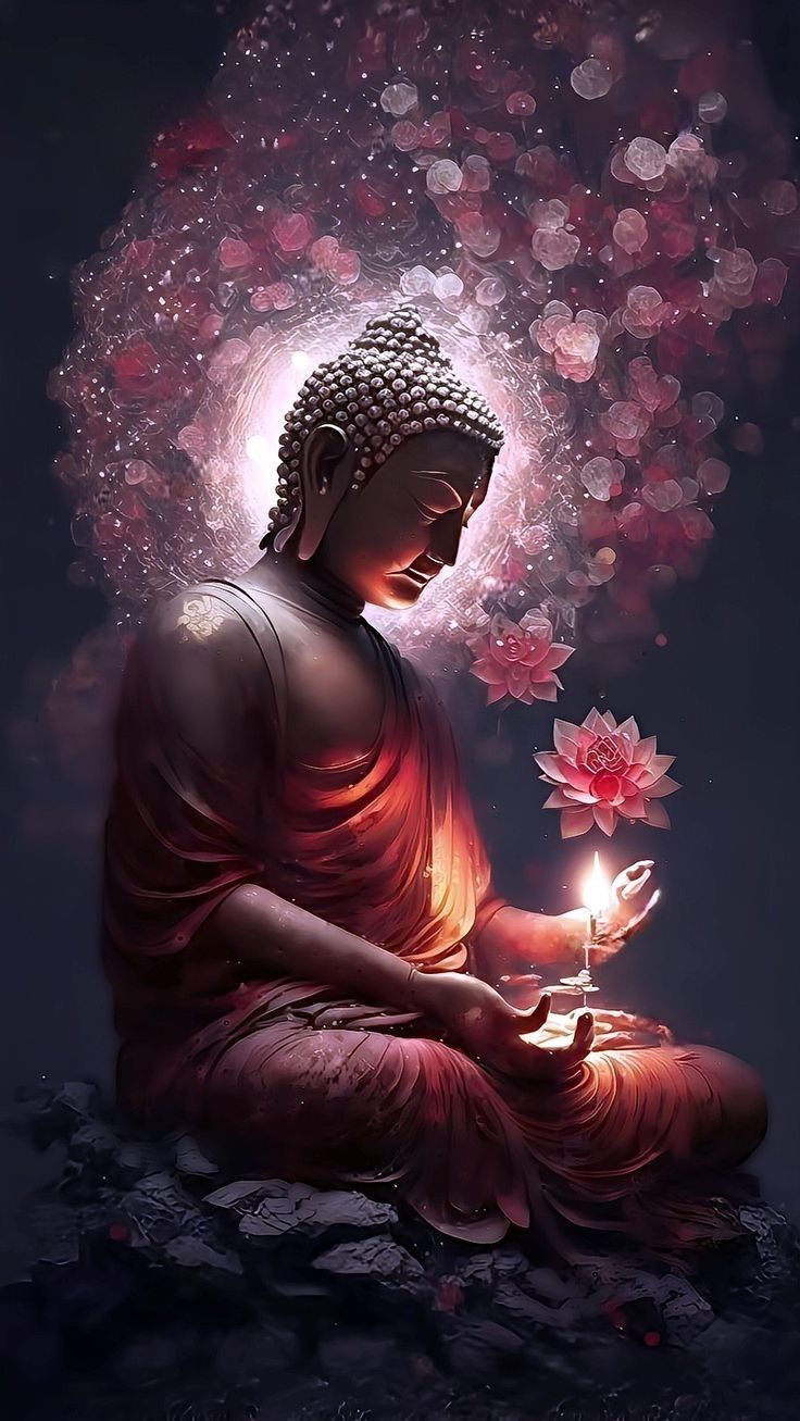 Buddha meditating with lotus and candle