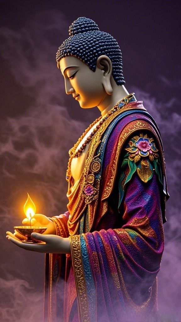 Buddha holding a lit lamp, serene