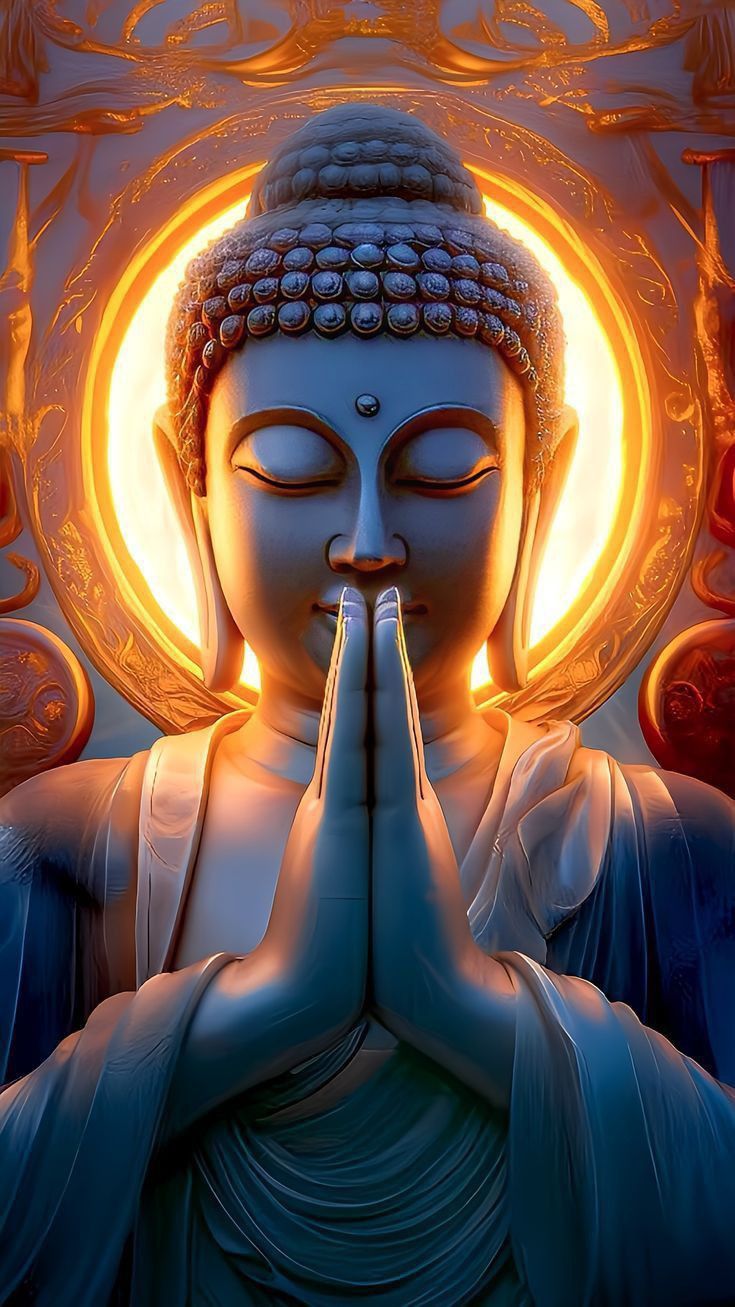 Buddha in meditative prayer, golden aura