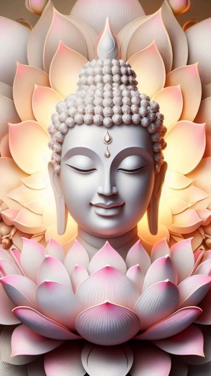 Buddha\'s peaceful face amidst lotus petals