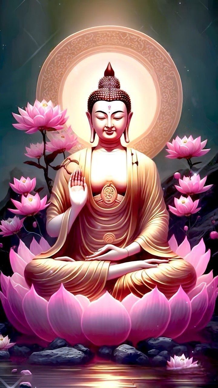 Buddha meditating amongst pink lotuses