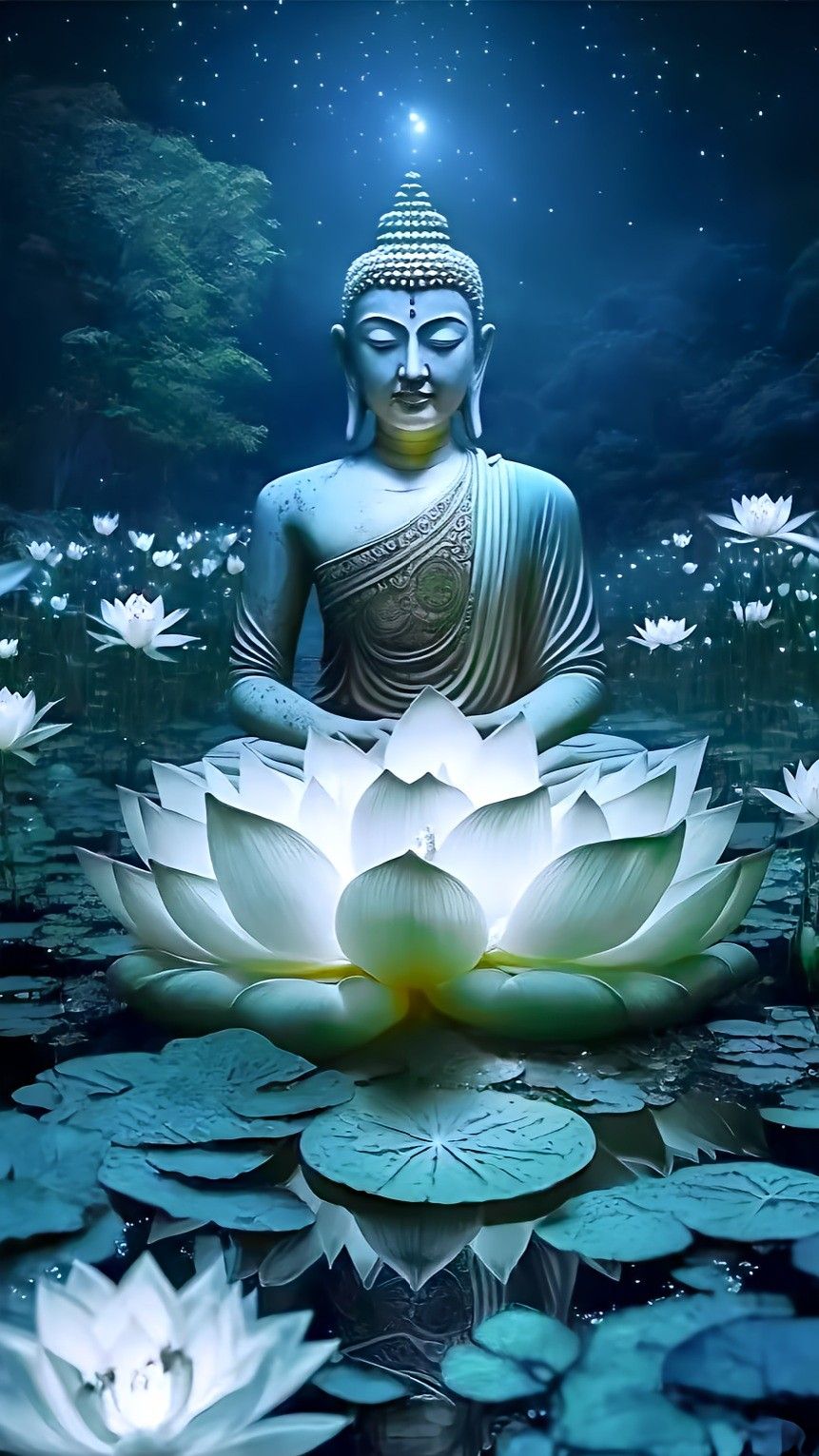 Buddha meditating amongst lotus flowers