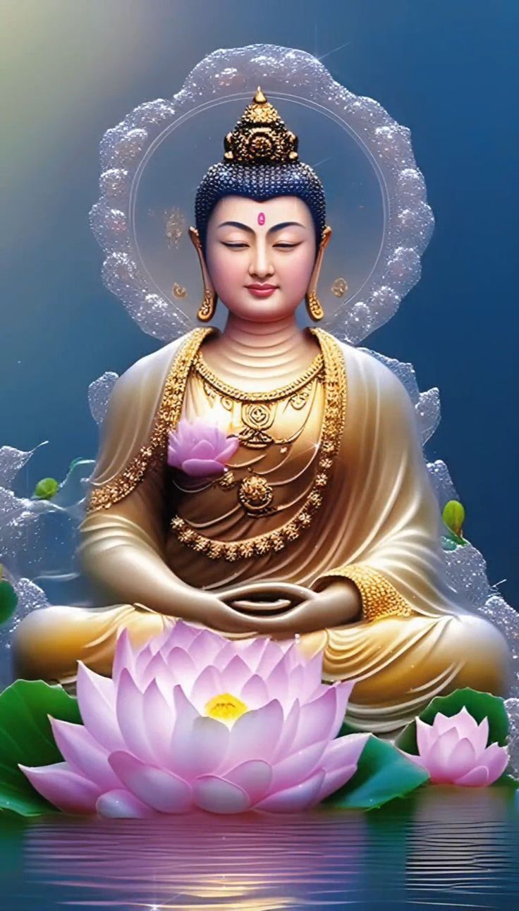 Buddha meditating among lotus blossoms.