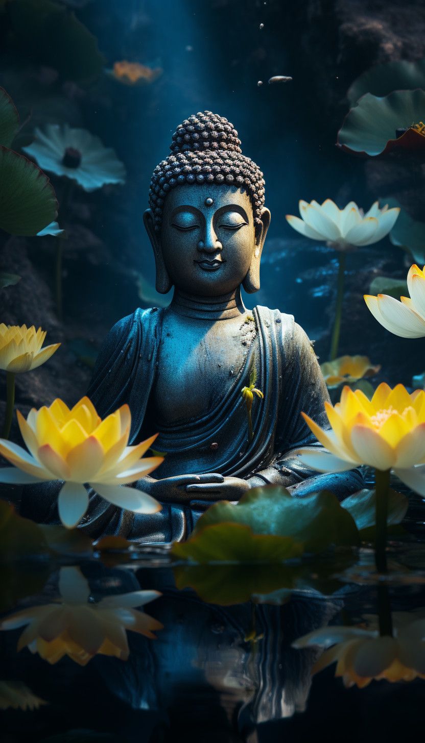 Buddha meditating amongst lotus blossoms.