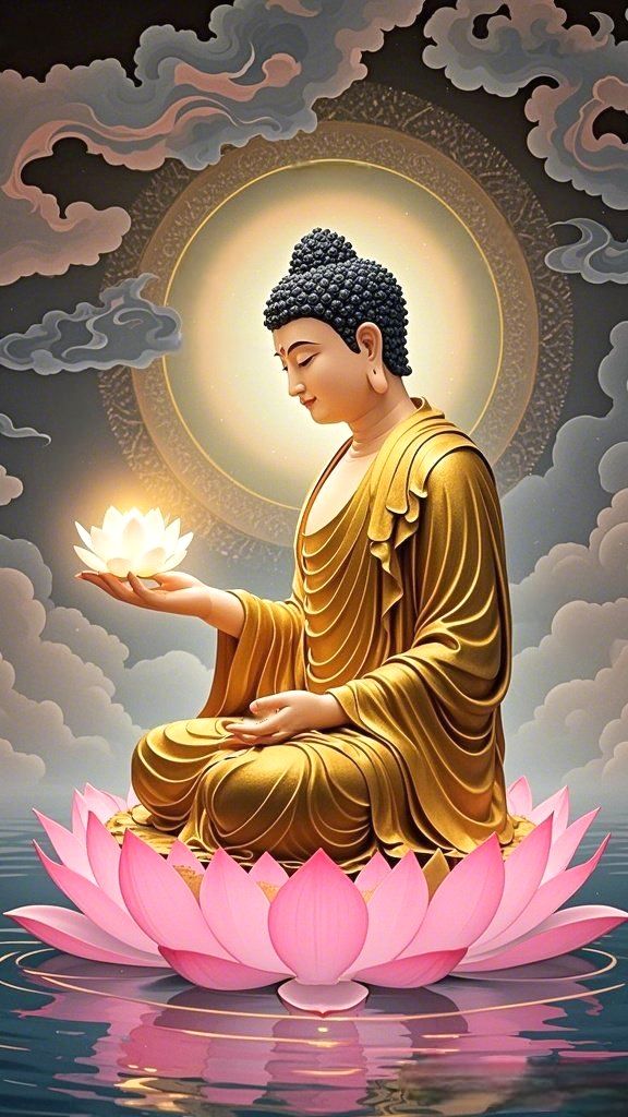Buddha meditating with a lotus flower
