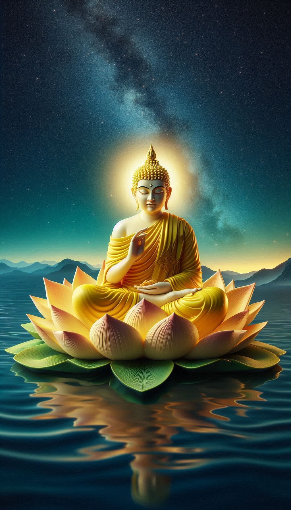 Buddha meditating on a lotus flower.