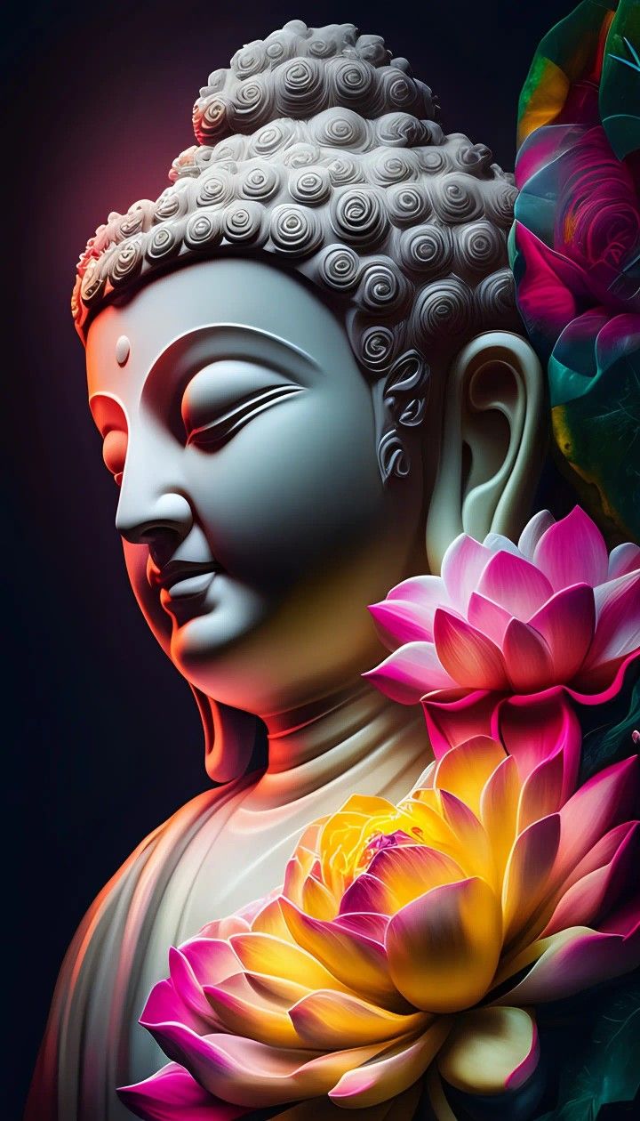 Buddha surrounded by vibrant lotus flowers