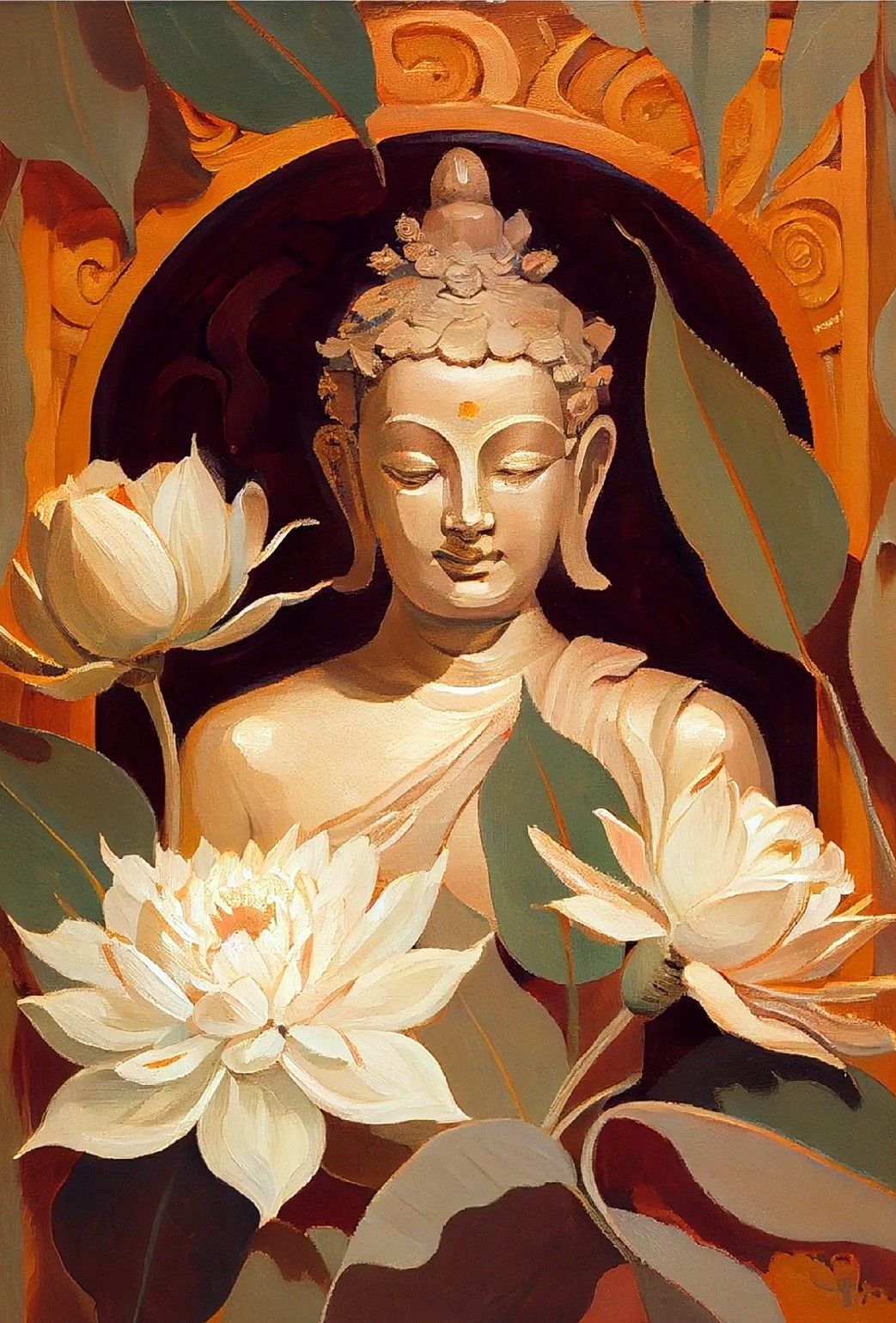 Buddha surrounded by blooming lotus flowers.