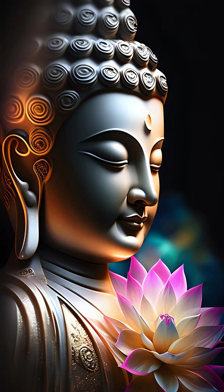 Buddha portrait with pink lotus flower