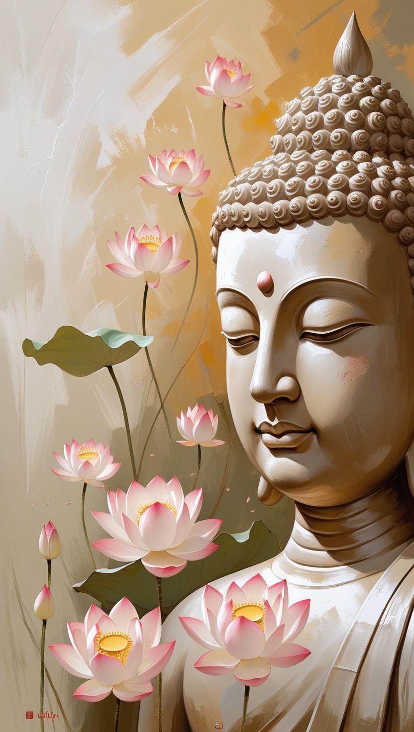 Buddha surrounded by blooming lotus flowers