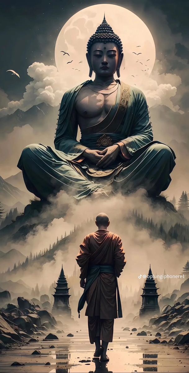 Buddha meditating under a full moon.
