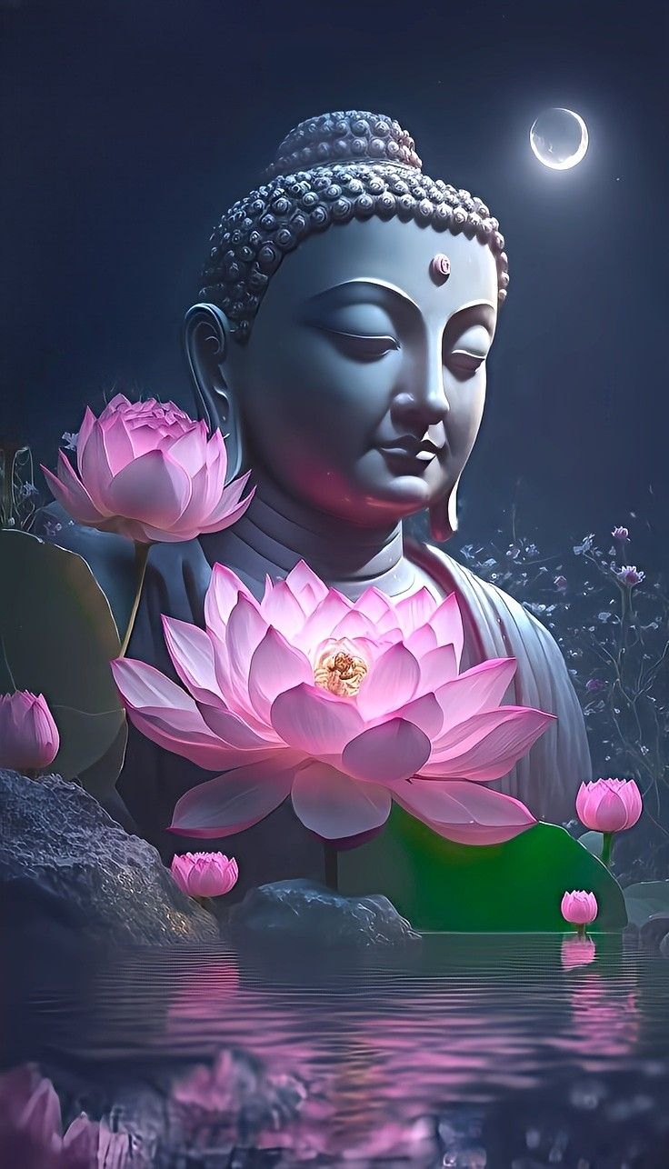 Buddha with lotus flowers under moonlight