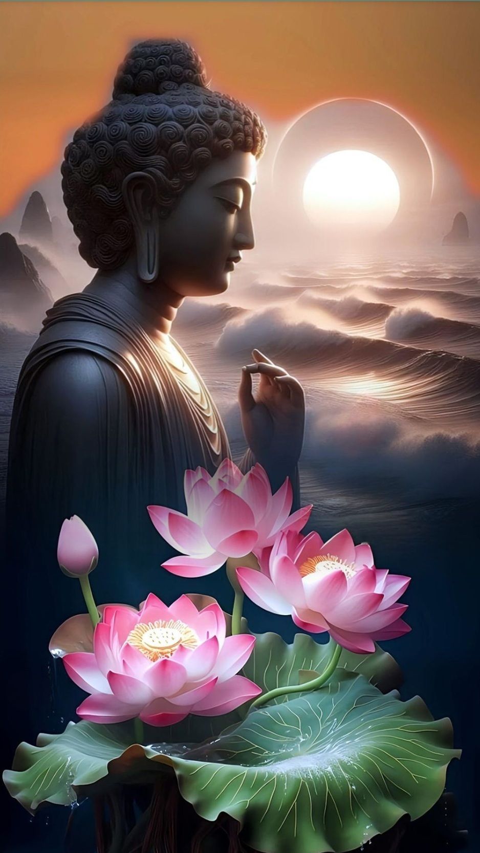 Buddha meditating under the moonlight