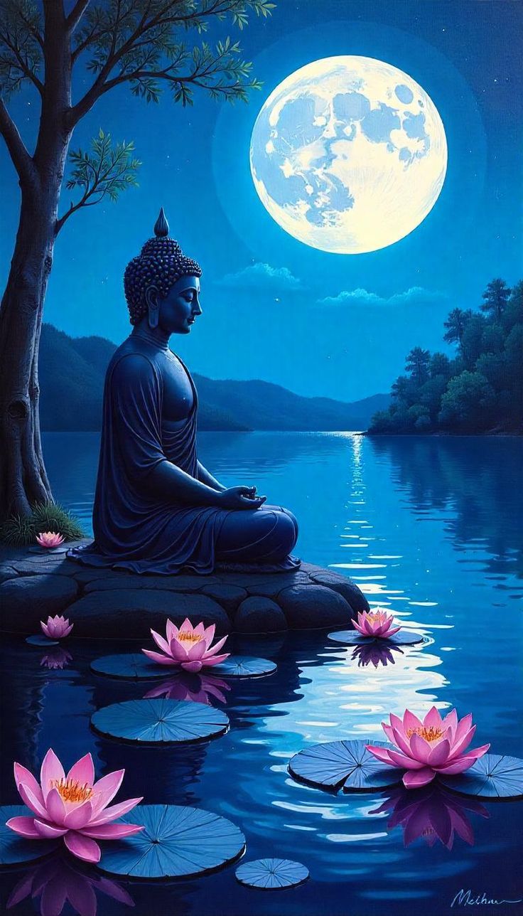 Buddha meditating under full moon.