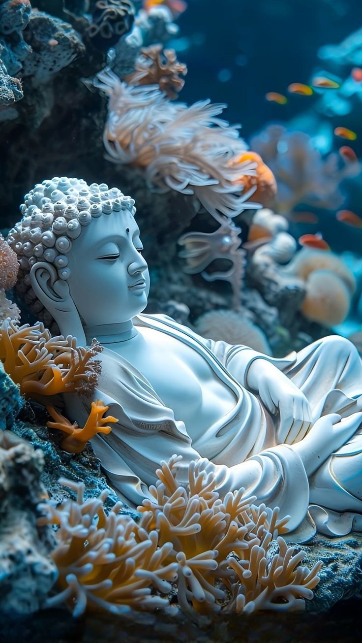 Buddha statue amongst vibrant coral reef.