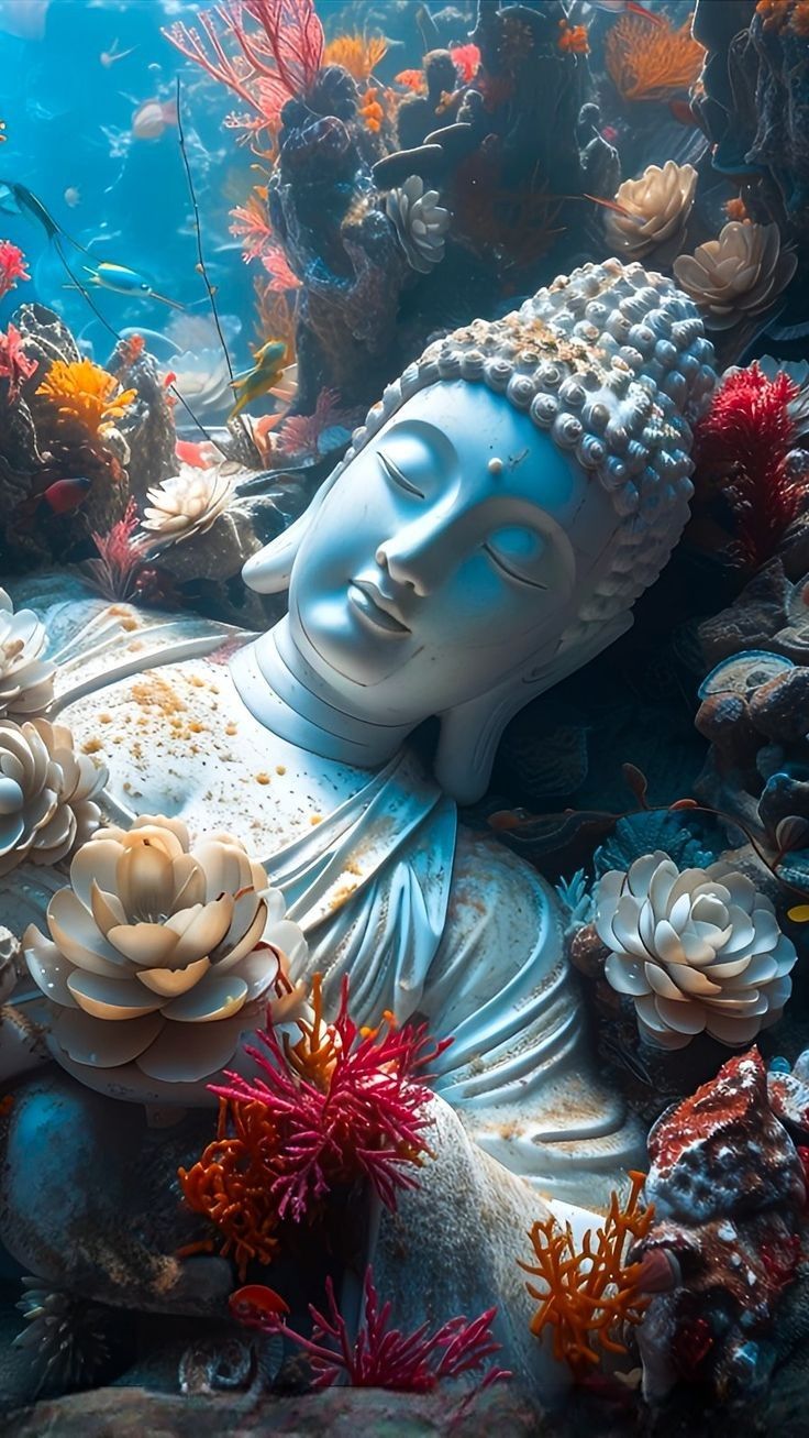 Buddha statue amongst coral and flowers