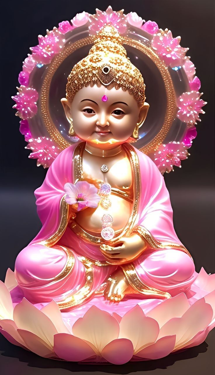 Smiling Buddha on a pink lotus