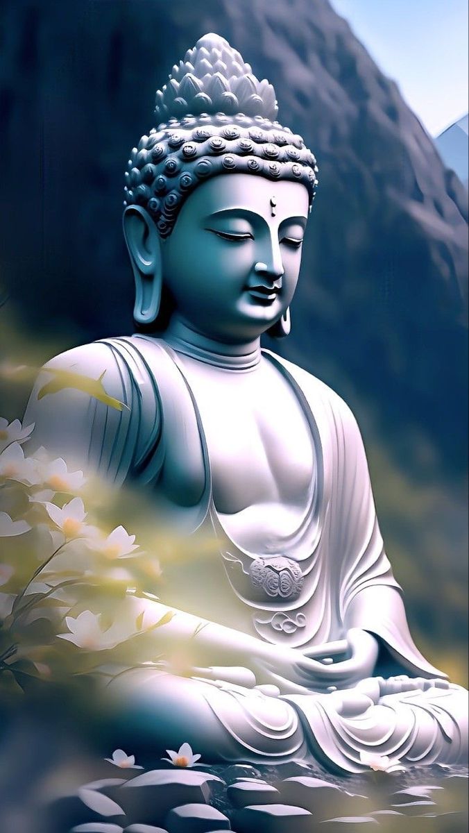 Buddha statue meditating amongst lotus flowers