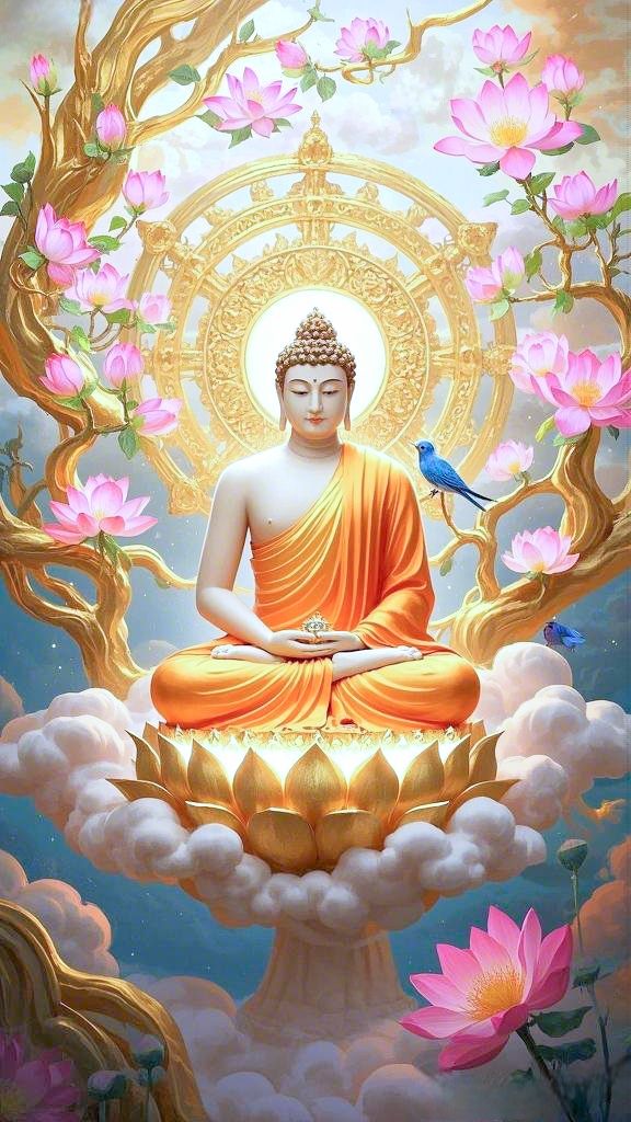 Buddha meditating beneath lotus blossoms