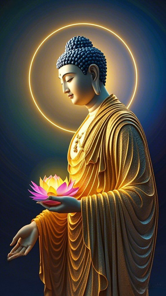 Buddha holding a glowing lotus flower