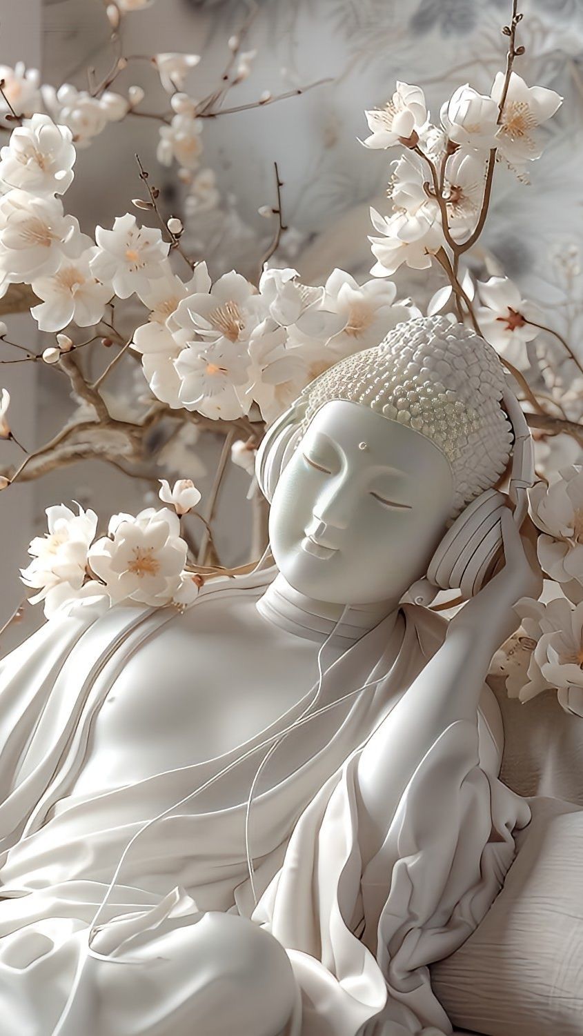 Buddha surrounded by delicate cherry blossoms.