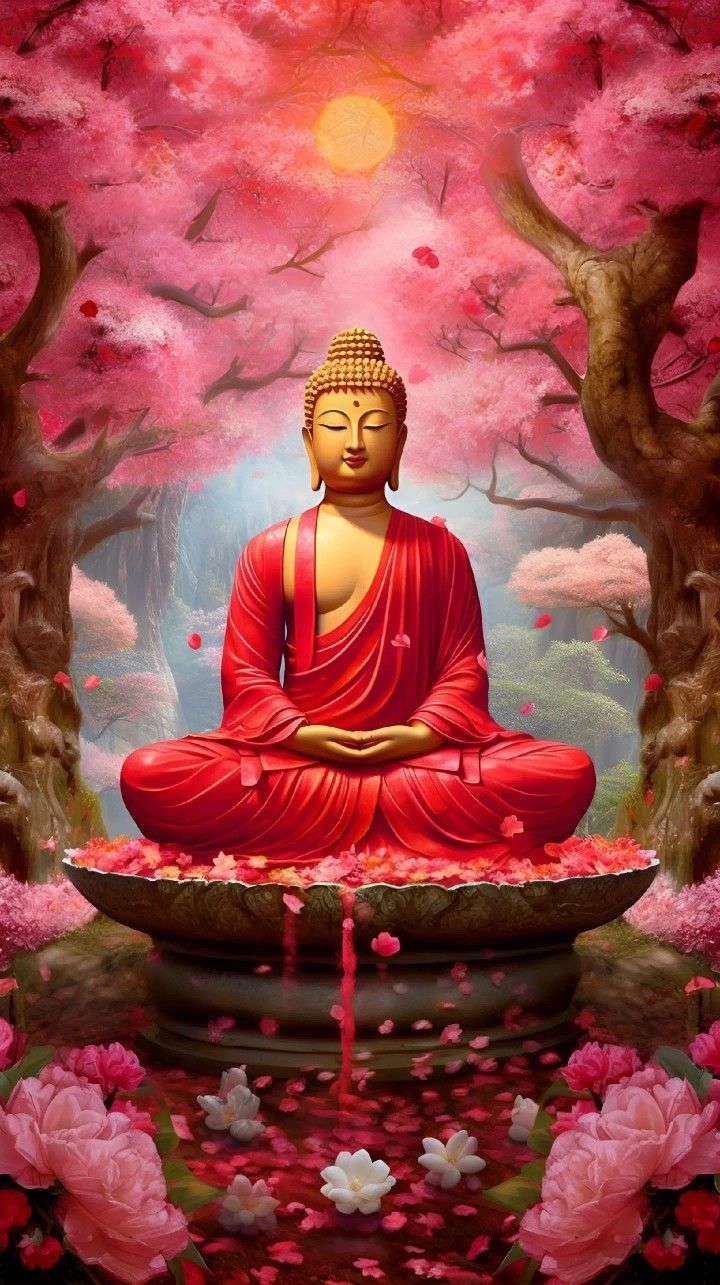 Buddha meditating under cherry blossoms