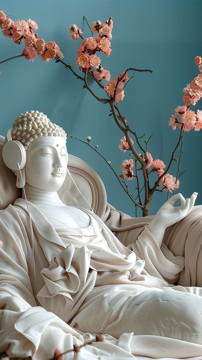 Buddha meditating under cherry blossoms