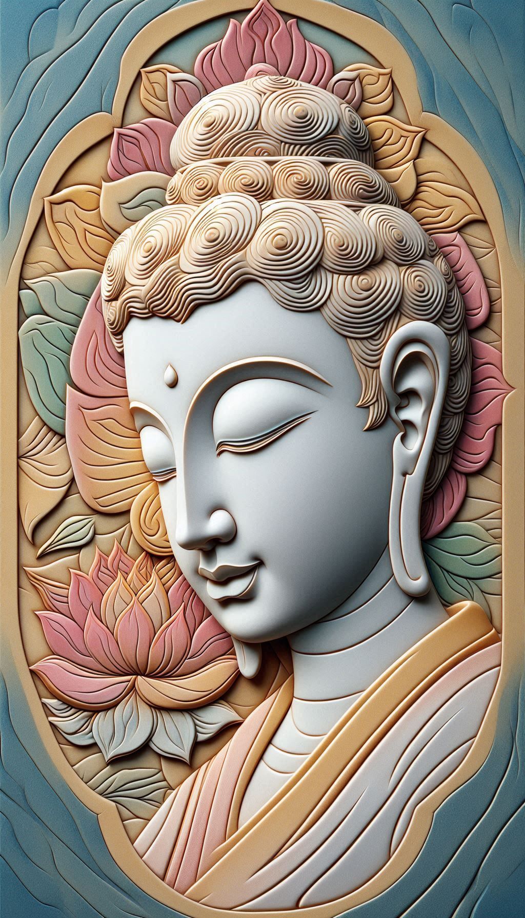 Peaceful Buddha portrait with lotus flowers.