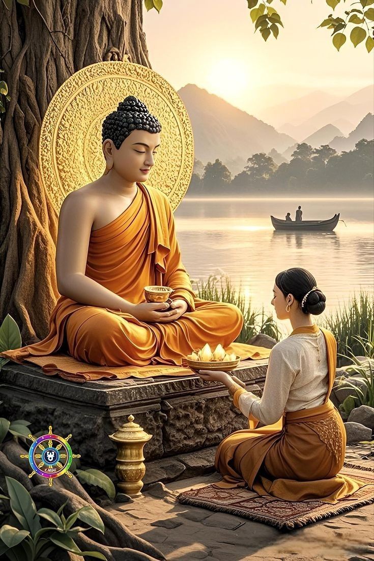 Buddha meditating with a young disciple