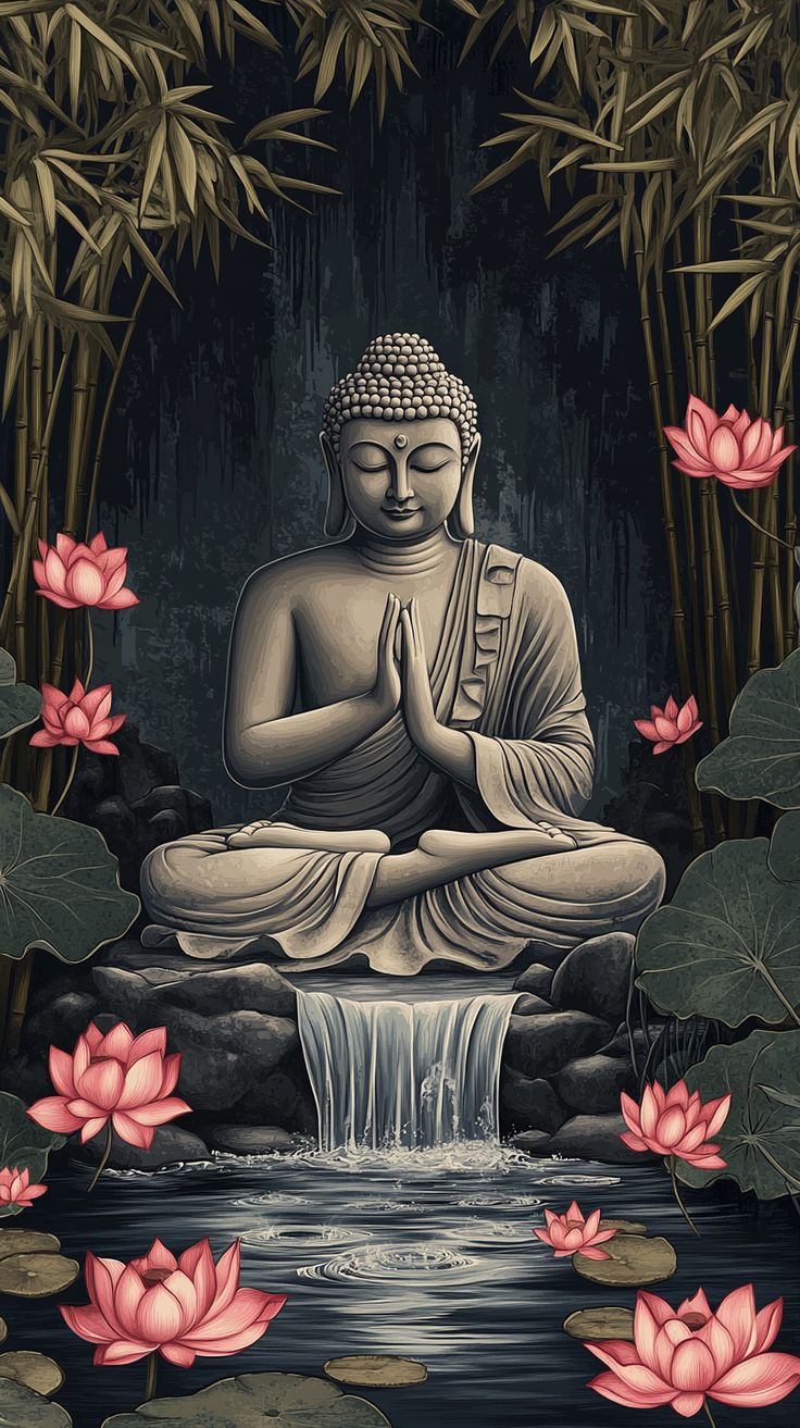 Buddha meditating amidst lotus and bamboo.