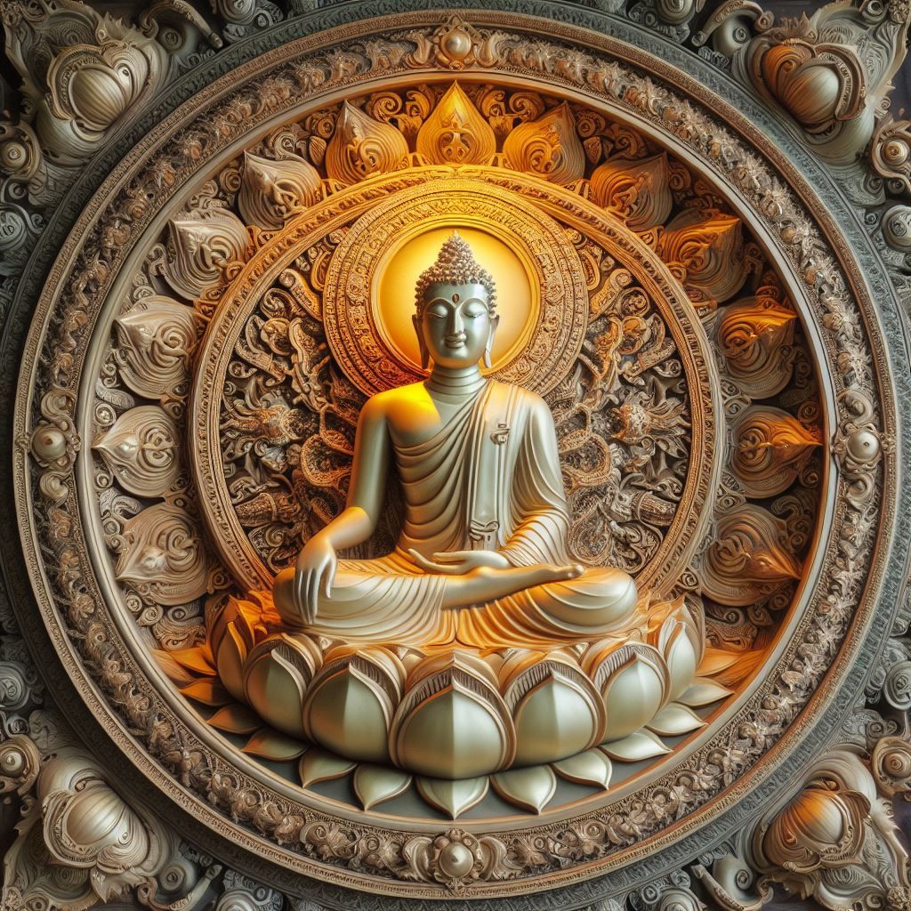 Buddha in lotus position, golden halo.