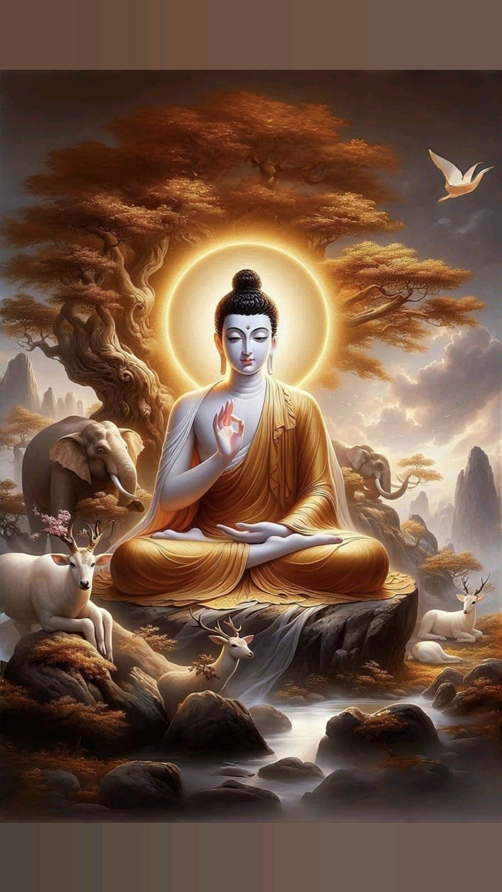 Buddha meditating in a peaceful landscape