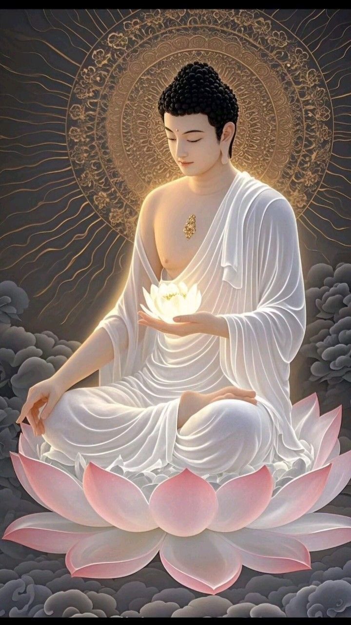 Buddha meditating with lotus flower.