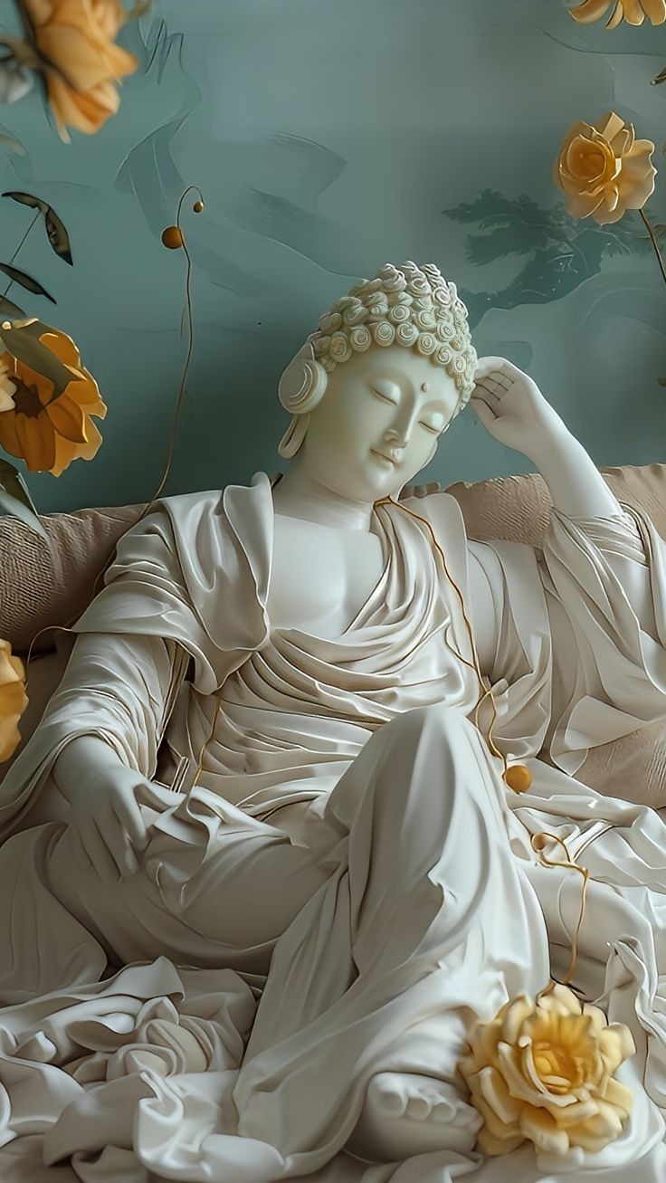 Buddha statue surrounded by lotus flowers