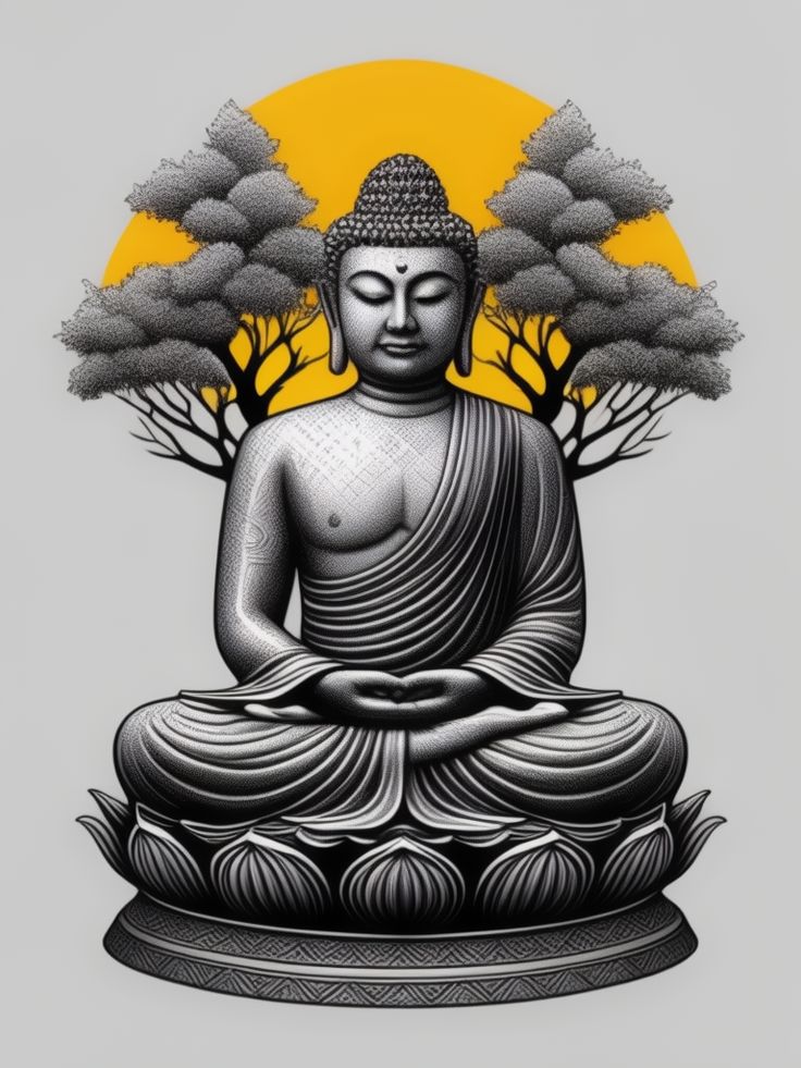 Buddha meditating under a golden sun.