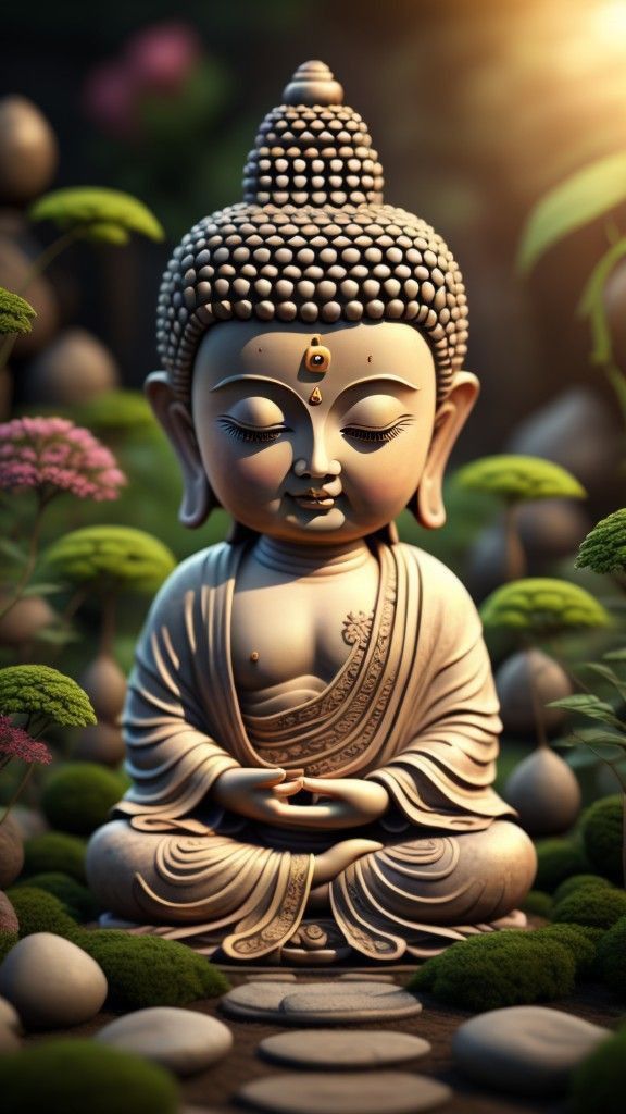Buddha meditating in a peaceful garden.
