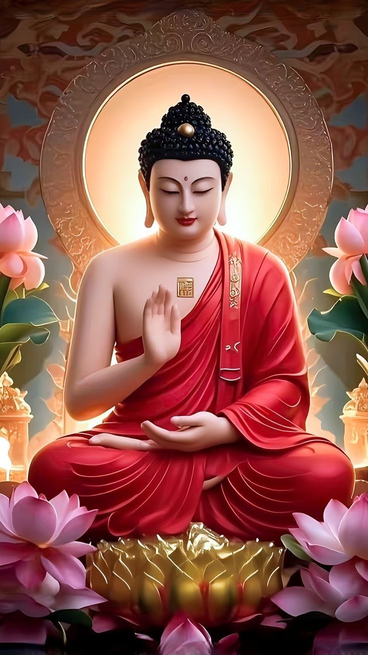 Buddha meditating amidst lotus flowers.