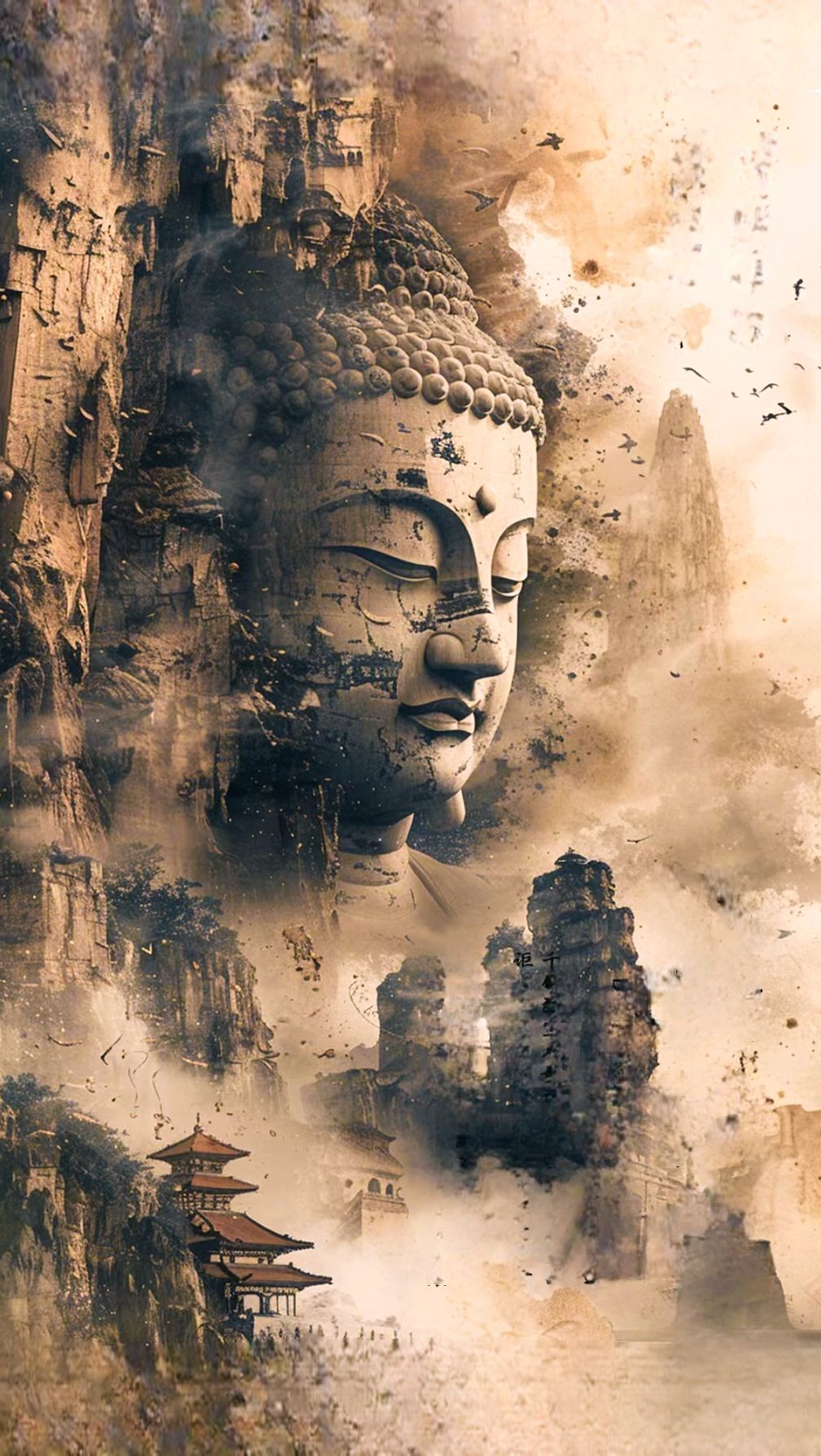 Buddha\'s face emerging from a mountain.