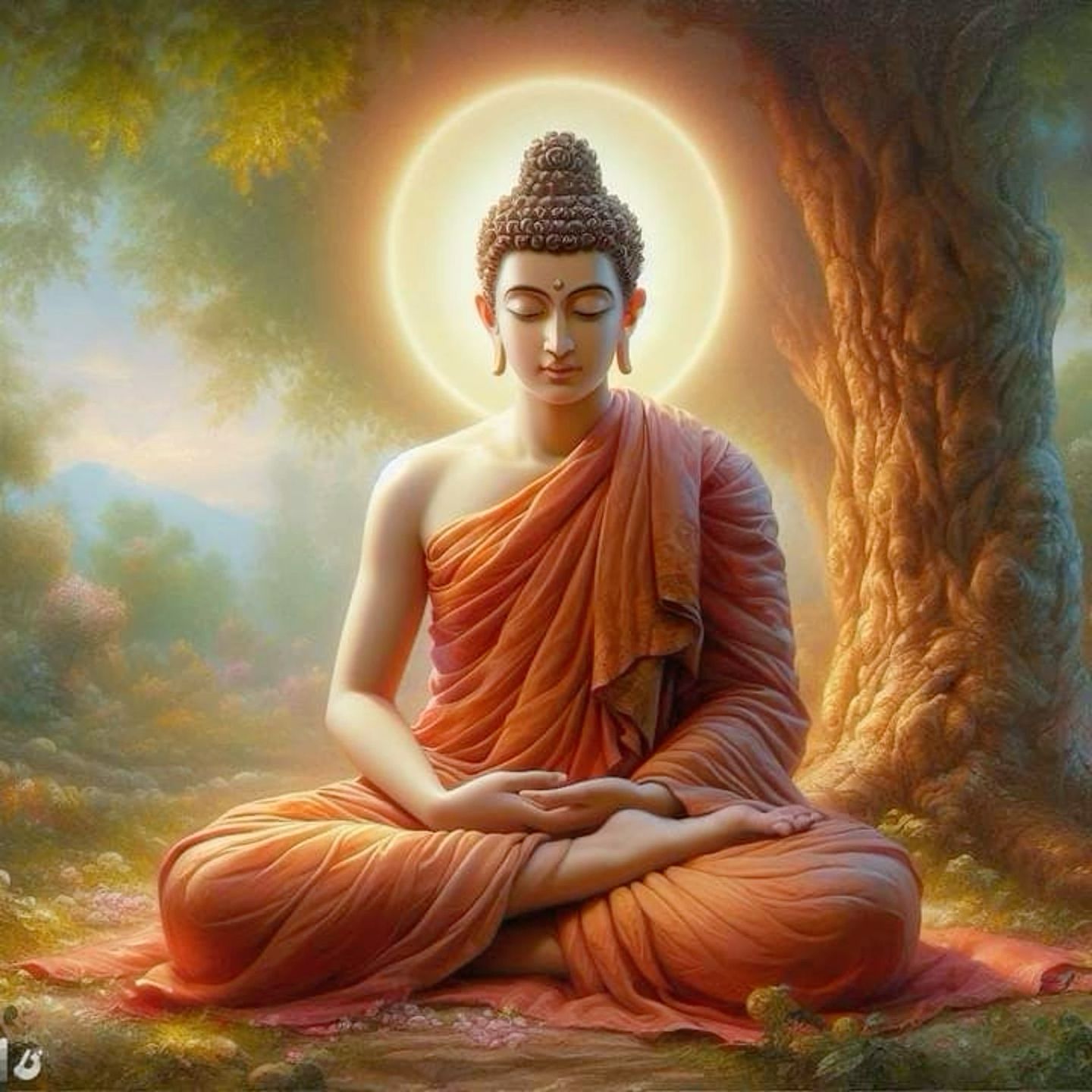 Buddha meditating under a Bodhi tree
